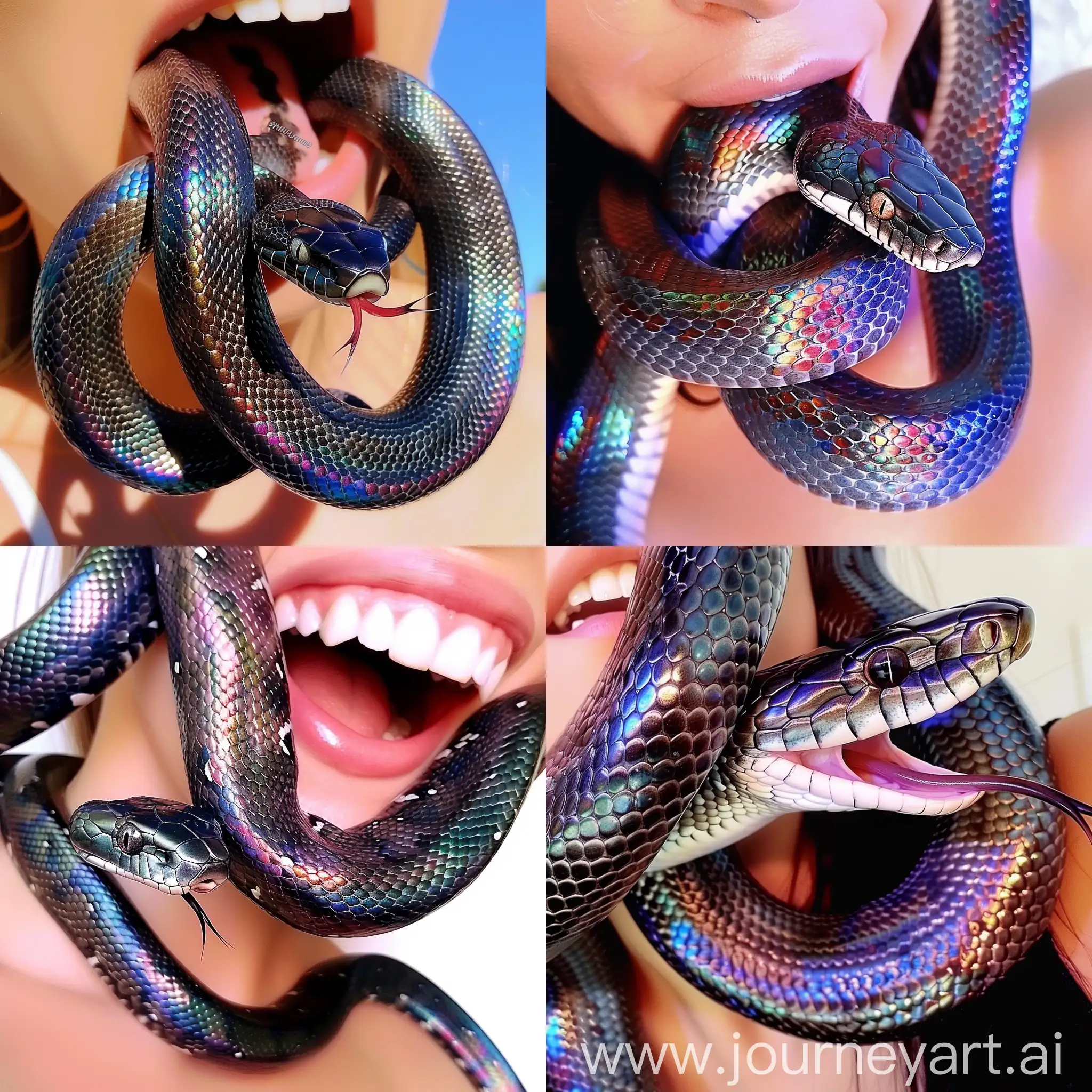 A portrait of a snake coming out of a woman's mouth, studio photo, white background --sref https://i.pinimg.com/originals/1c/46/8a/1c468ab47254128677bae852aed08dce.jpg --v 6 --style raw --ar 16:16