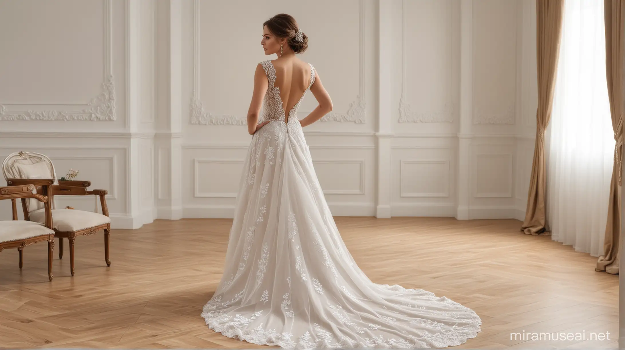 Elegant Bride in Luxurious Wedding Gown from Behind