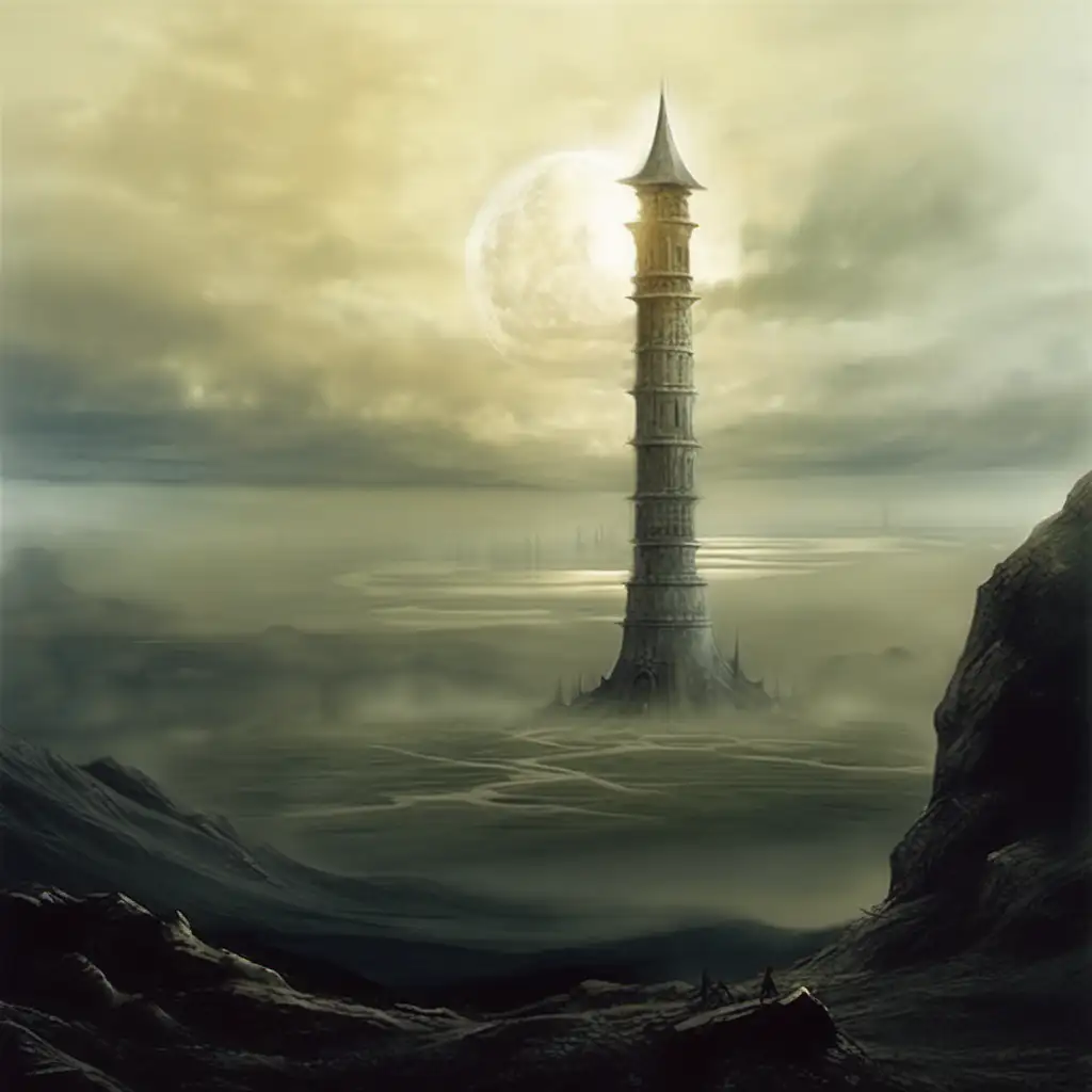 transforma esta torre como la de la imagen en otra idéntica con estilo Luis Royo, a lo lejos, en el horizonte