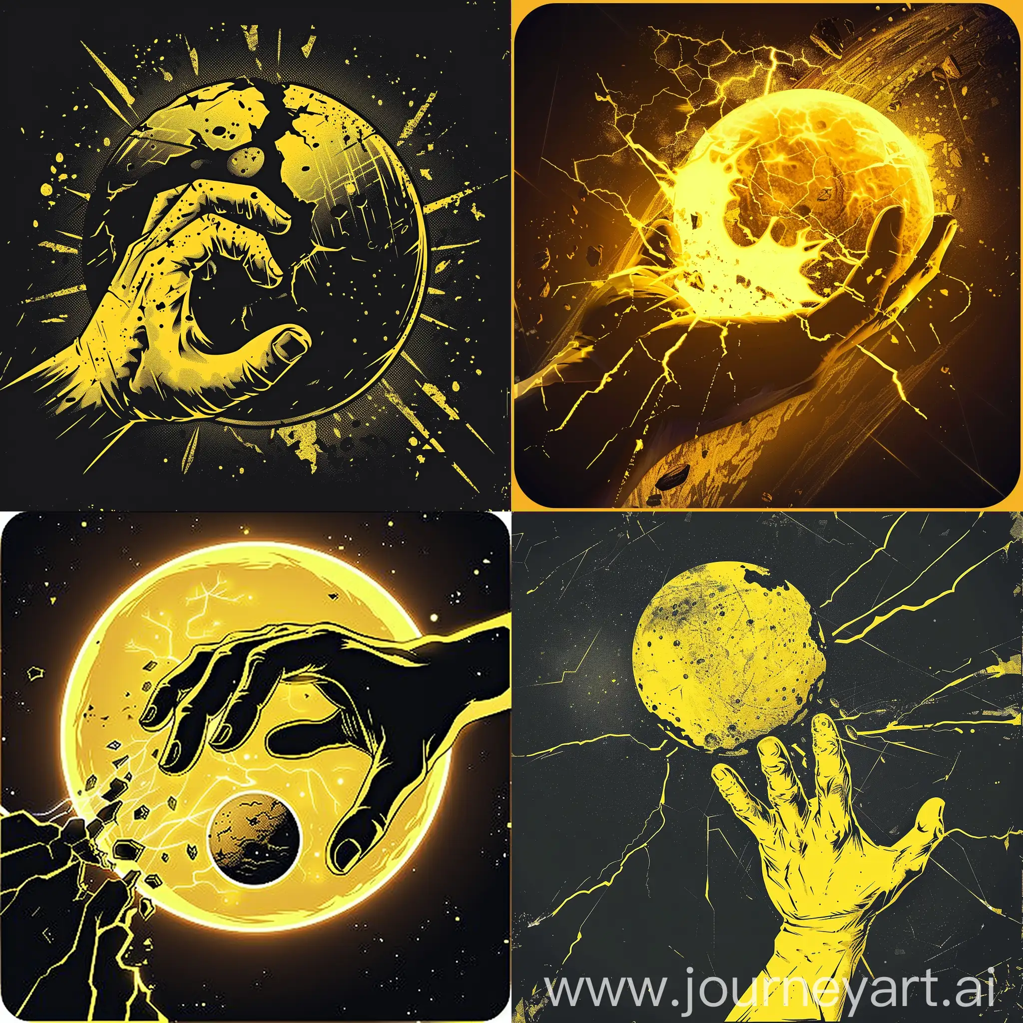 analog button of mobile moba game, there is a huge hand grabing a plannet, in style of yellow silhouette, the planet is cracking