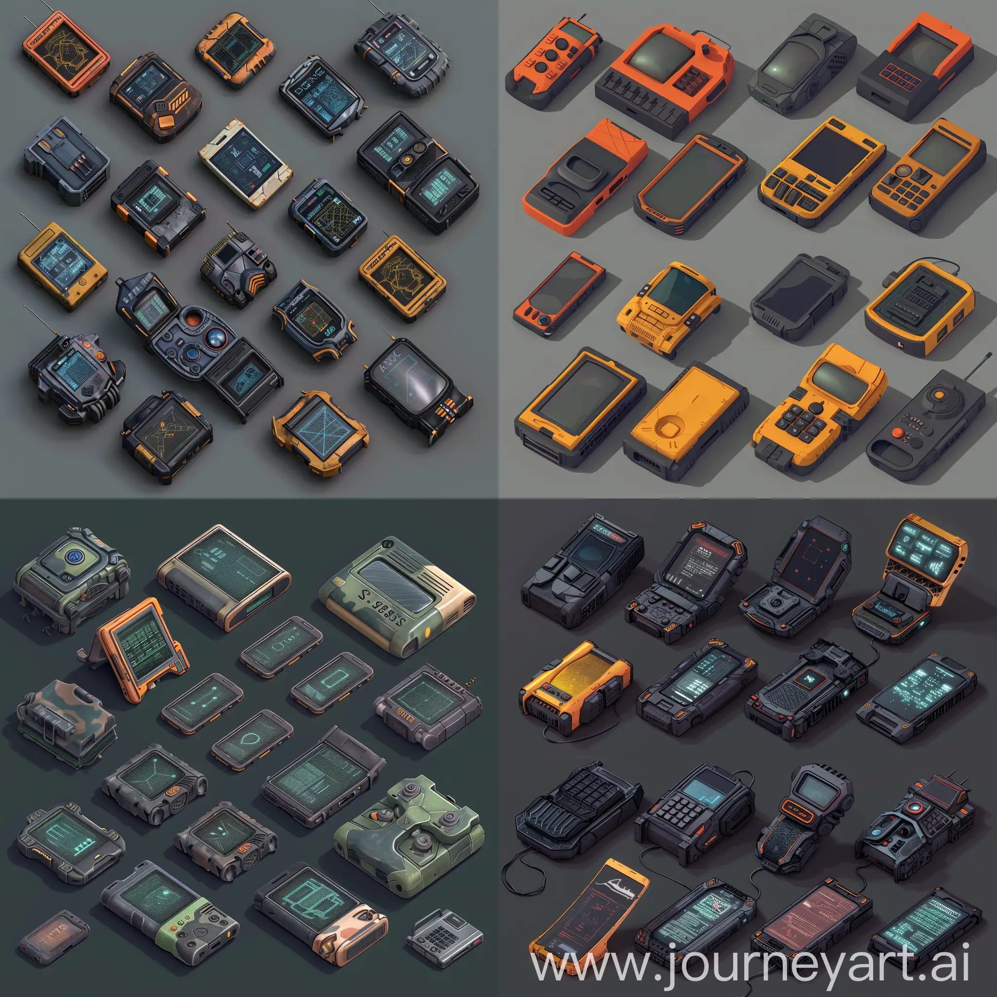 realistic photo of isometric set of pda device, style of stalker game, unreal engine 5 render, ultrarealistic style, isometric set