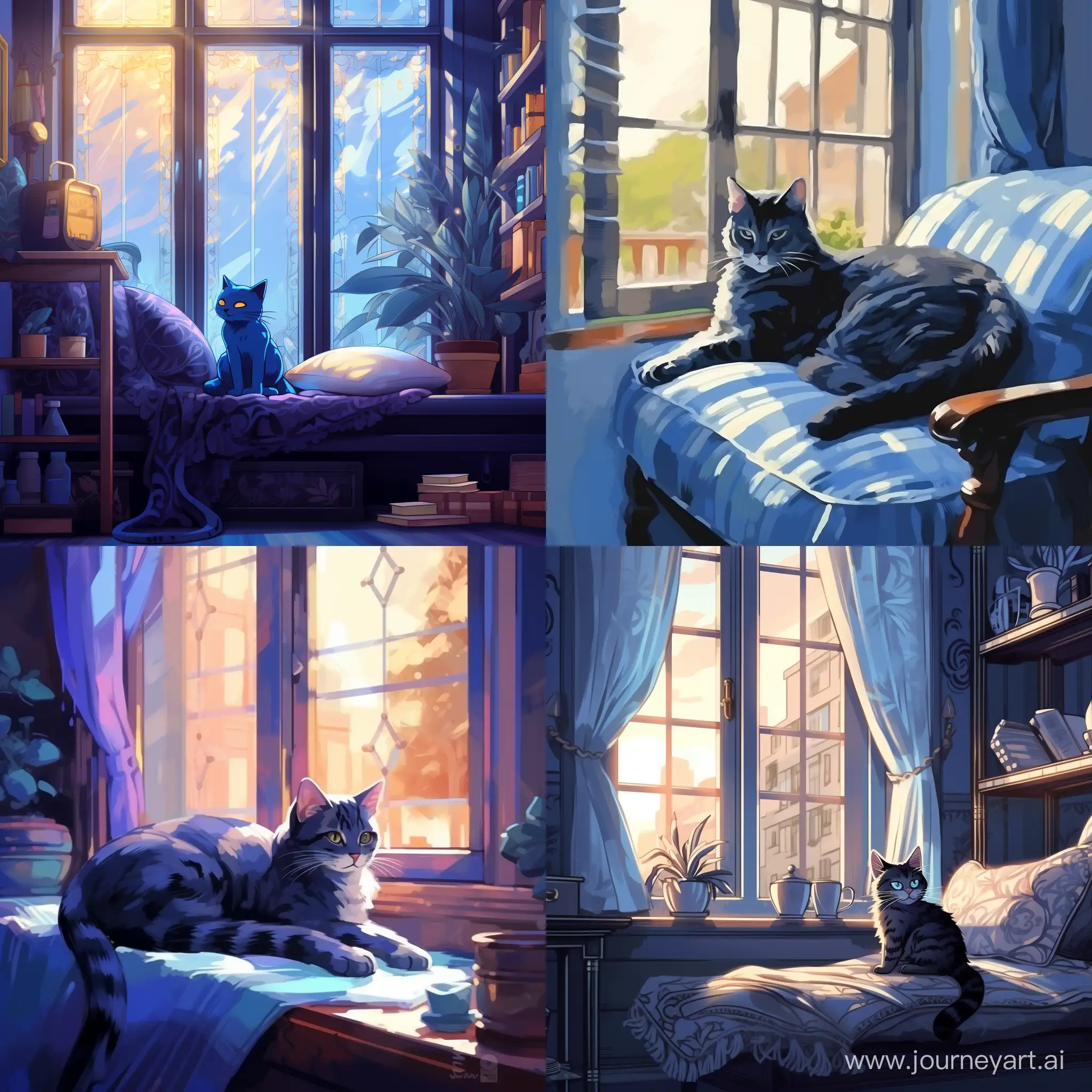 cool color palette, голубая кошка с черными узорами лениво разлеглась на фоне окна, мягкий свет проникает через окна отбрасывая блики на кошку