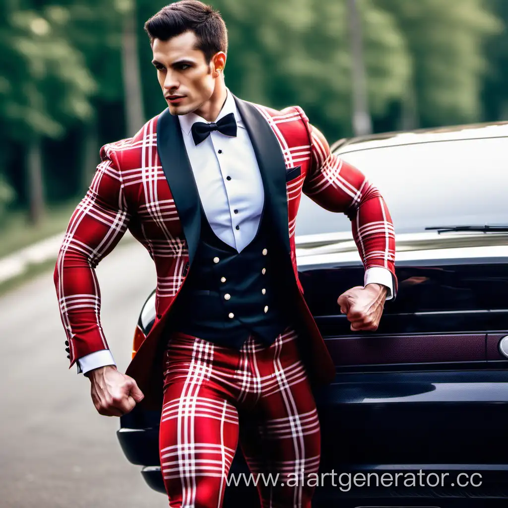 Strong-Man-in-Red-Plaid-Tuxedo-Lifting-Car-with-Mighty-Biceps