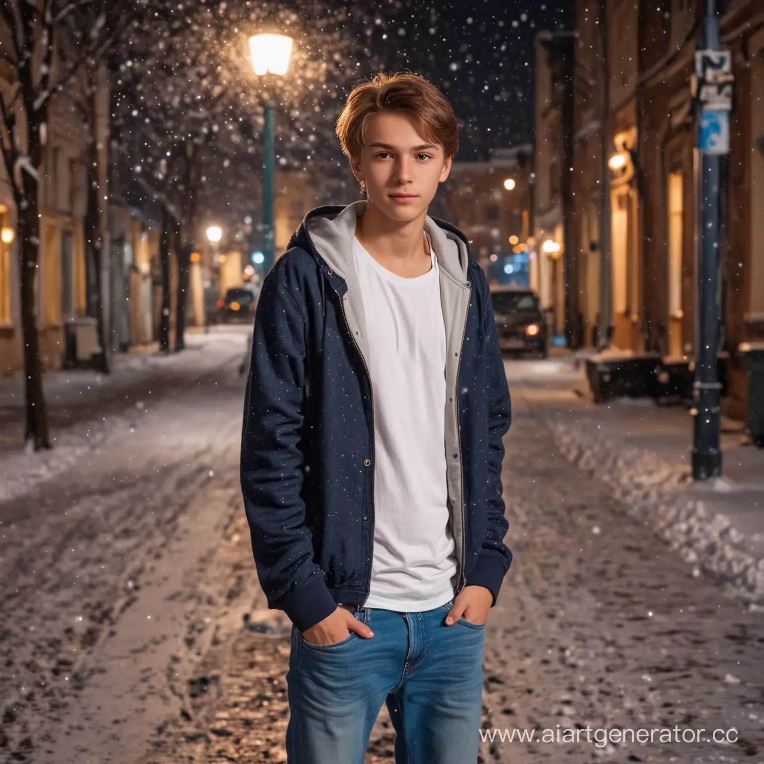 Russian-City-Street-Scene-Beautiful-Teenage-Boy-in-Snowfall-at-Evening-Lantern-Light