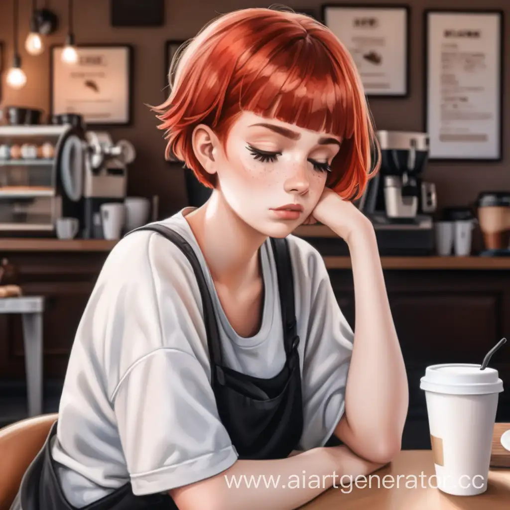уставшая девушка с короткими  рыжими волосами после смены в кофейне 

