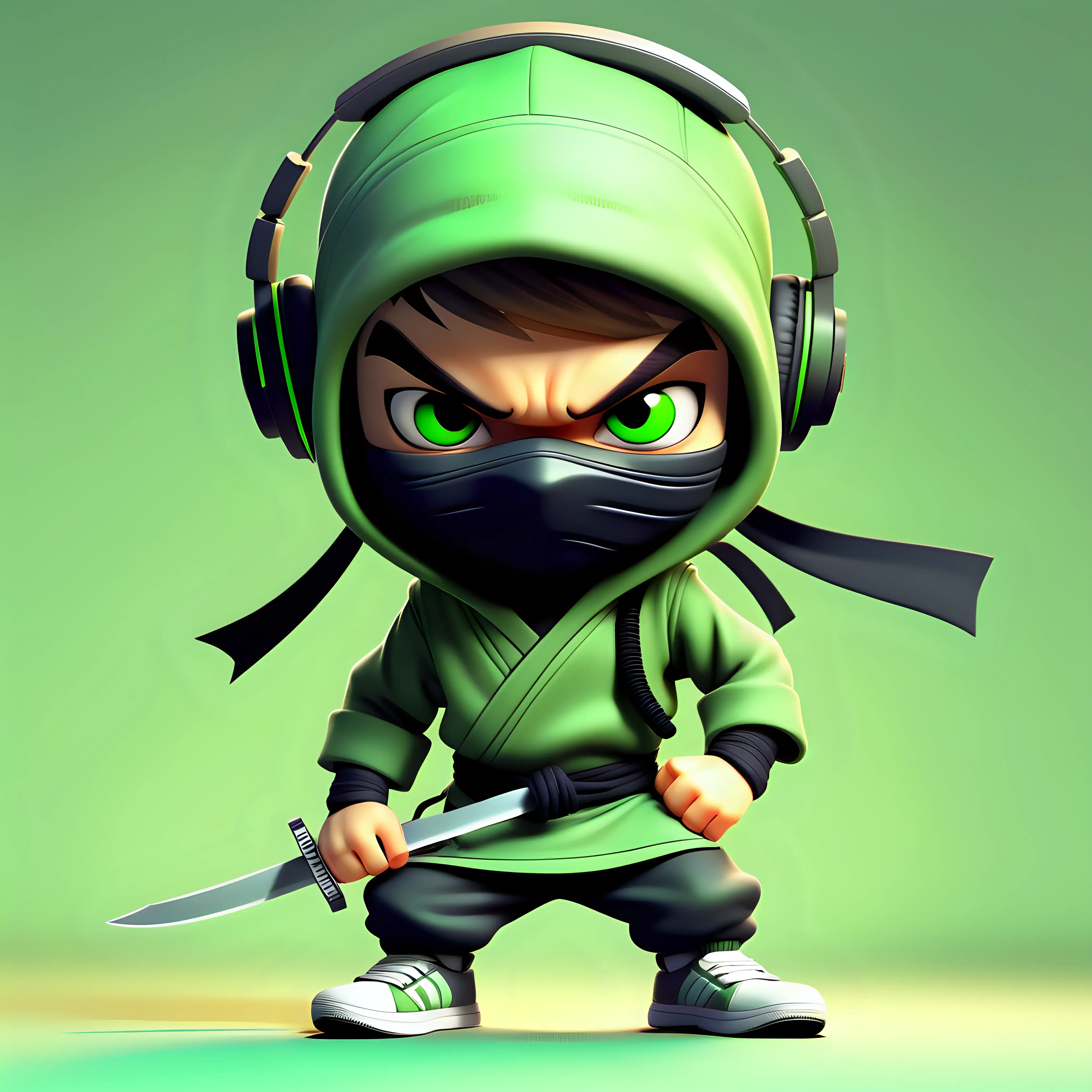 kleiner süßer mini ninja mit Schwertern in grün. Hintergrund ist clear. Figur hat Kopfhörer auf und ist am handy. er trägt sneaker. Pupillen sind zu sehen. Gesicht ist wie ein ninja bedeckt. hohe details