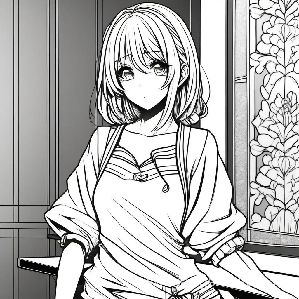 Detailed-Anime-Coloring-Page-of-a-Housewife-Girl-in-Black-and-White