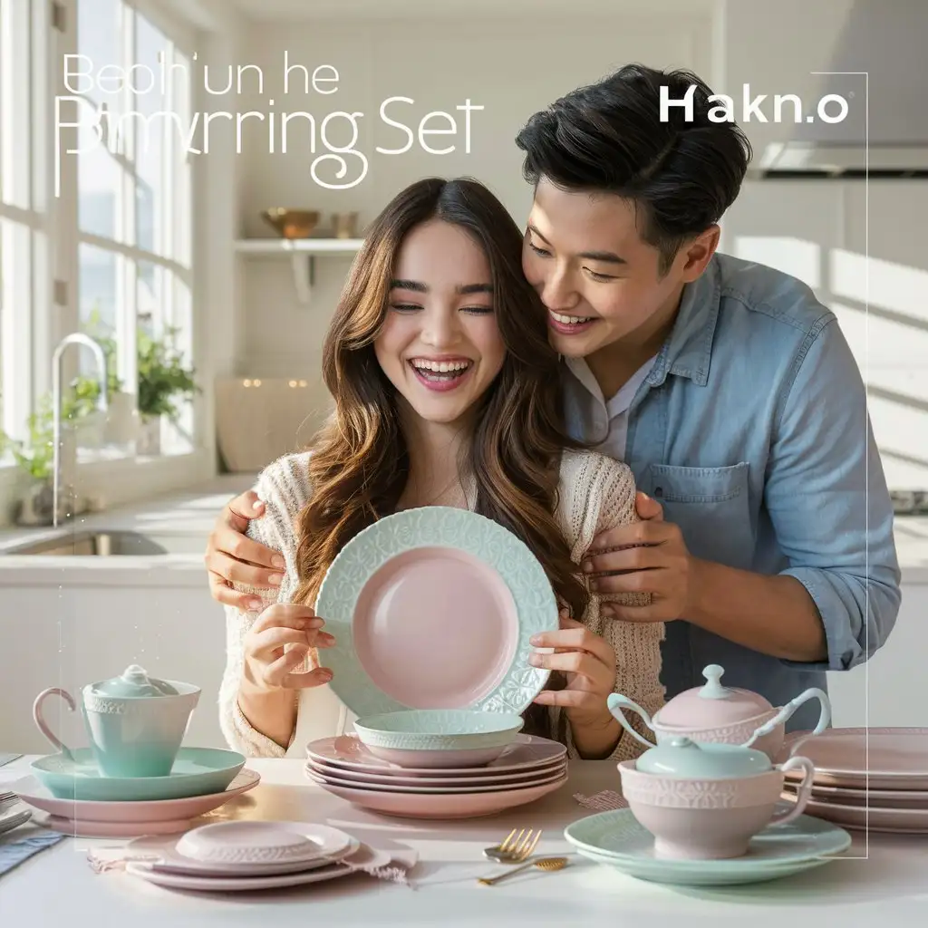 A premium ad with a girl very happy from crockery gifted by boyfriend