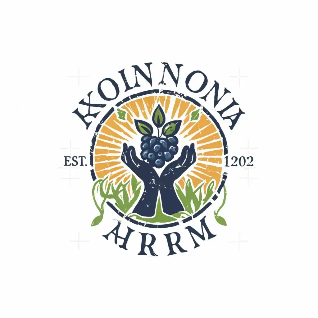 a logo design,with the text "Koinonia Farm", main symbol:blueberries with a sun behind it and hands surrounding it.,Moderate,be used in Religious industry,clear background