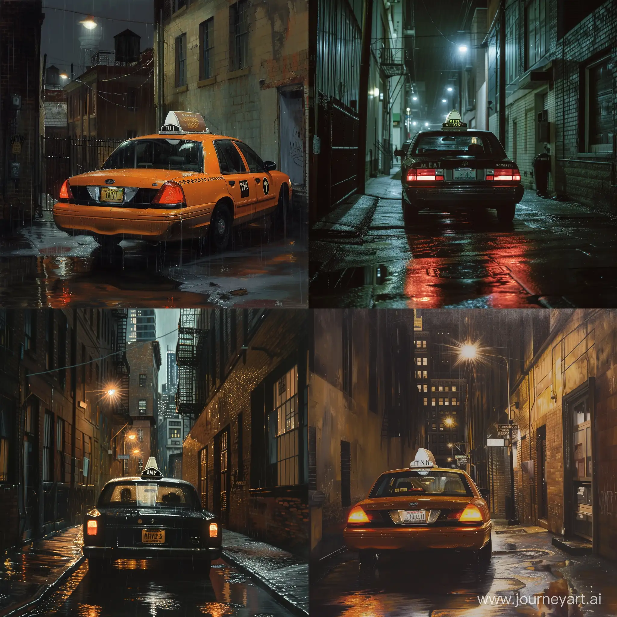 A Taxi Car in the Quiet Alley, Rainy Night --v 6 --ar 1:1 --no 25841
