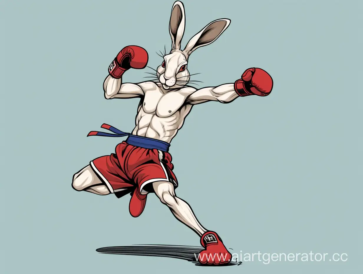 
anthropomorphic hare kickboxing fighter, in full growth, hits with his knee in a jump