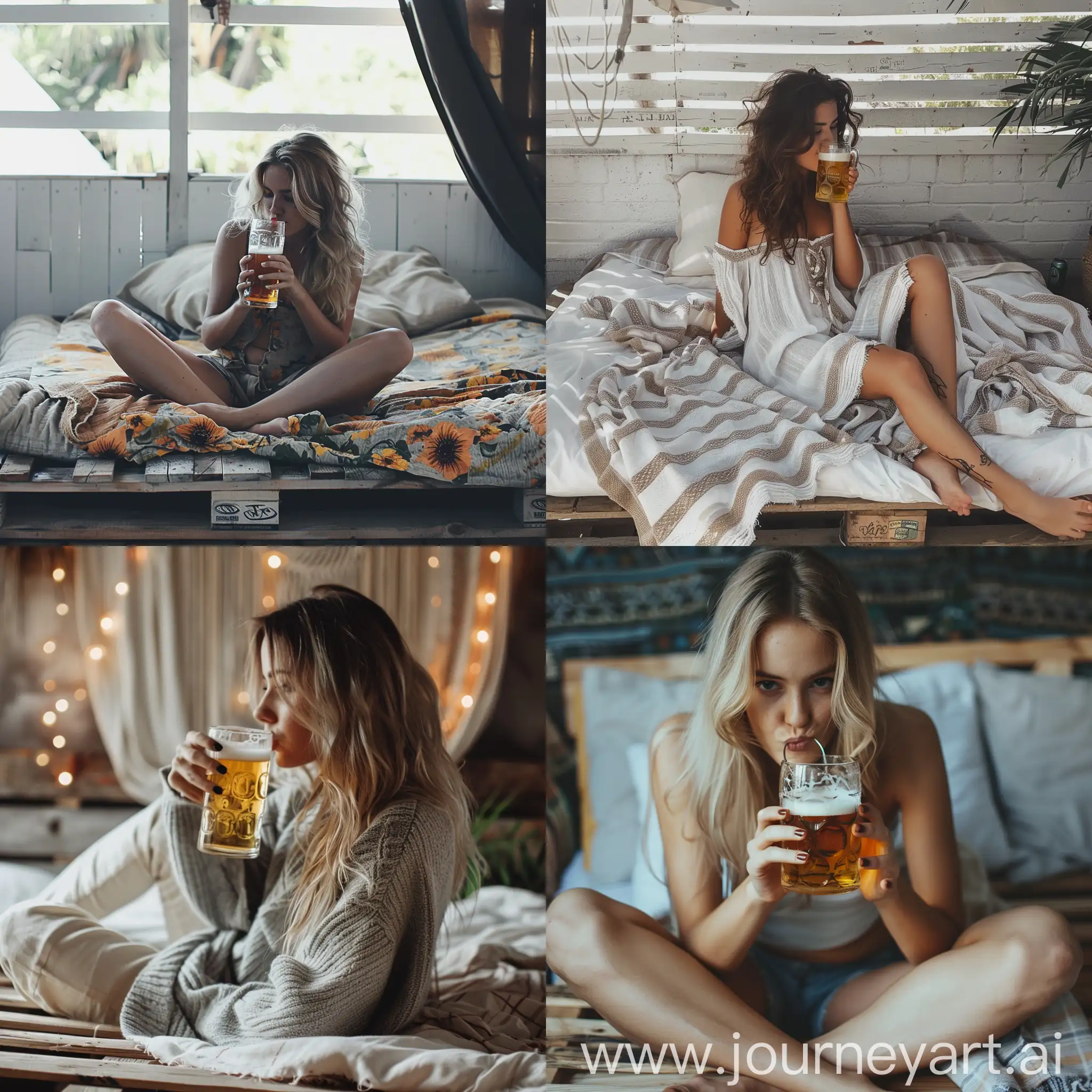 girl drink beer on palet bed