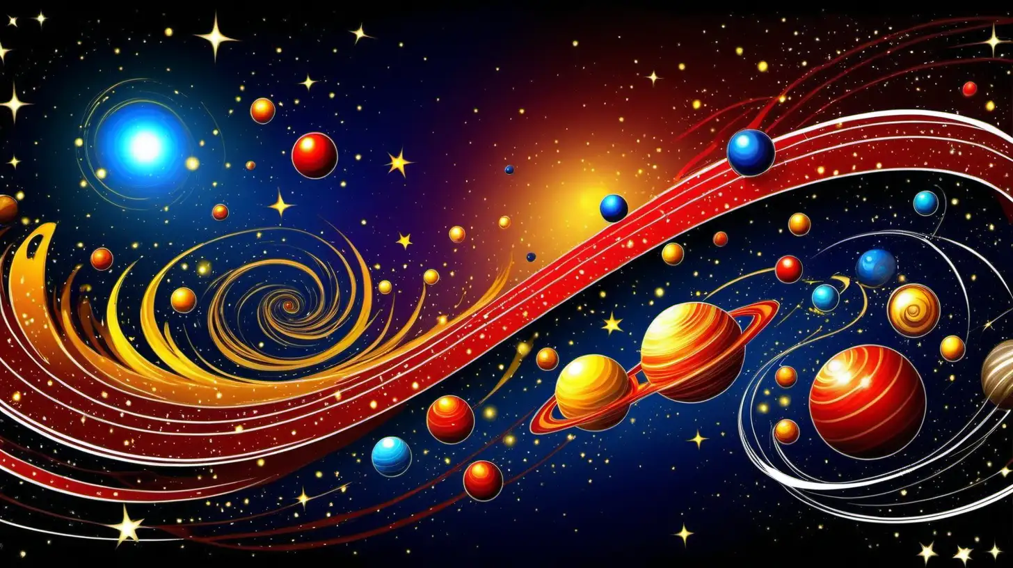 create a wallpaper for my laptop, with swirls, stars, lines and planets, including the colours, red, yellow, blue, white