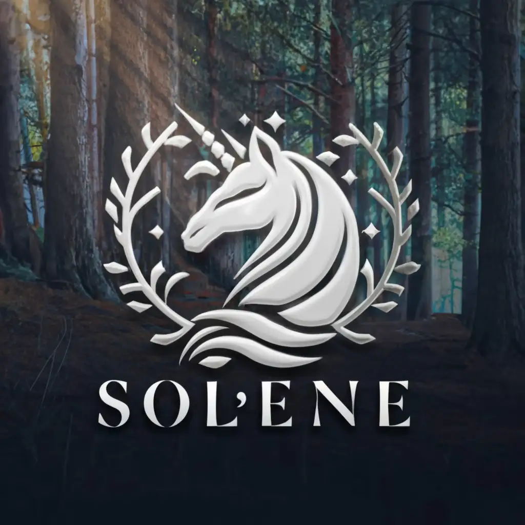 a logo design,with the text "Solène", main symbol:Unicorn, silver hair, magic forest,Moderate,be used in Events industry,clear background