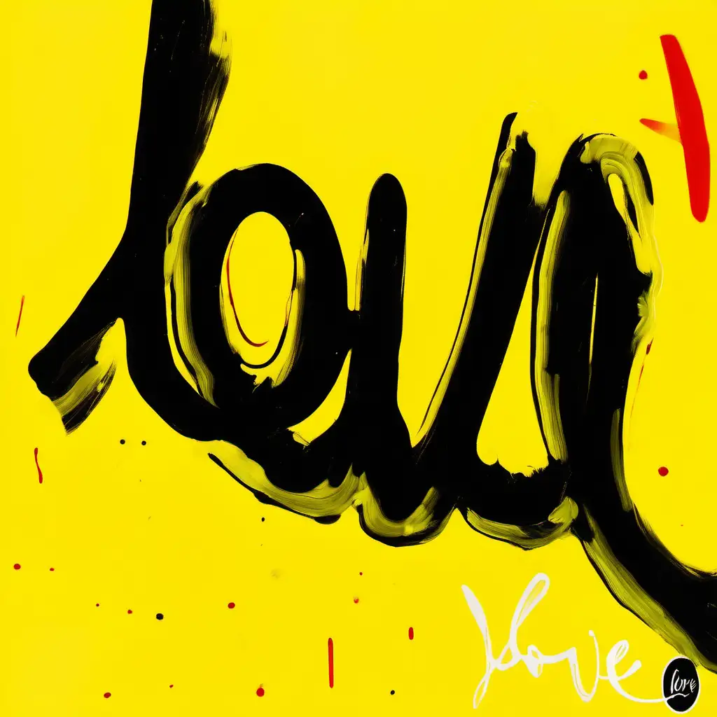 Radiant bright yellow oil painting with the word LOVE WRITTEN IN brush struck wet paint in dark black and just i single random stroke of red in the corner