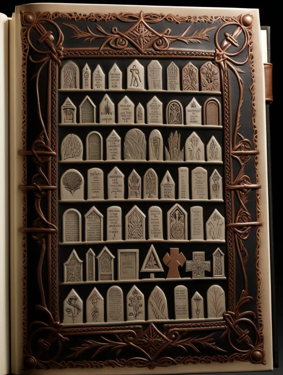 front aligned view of the narrow border of small designs on a blank book covered in leather in the theme "headstone"