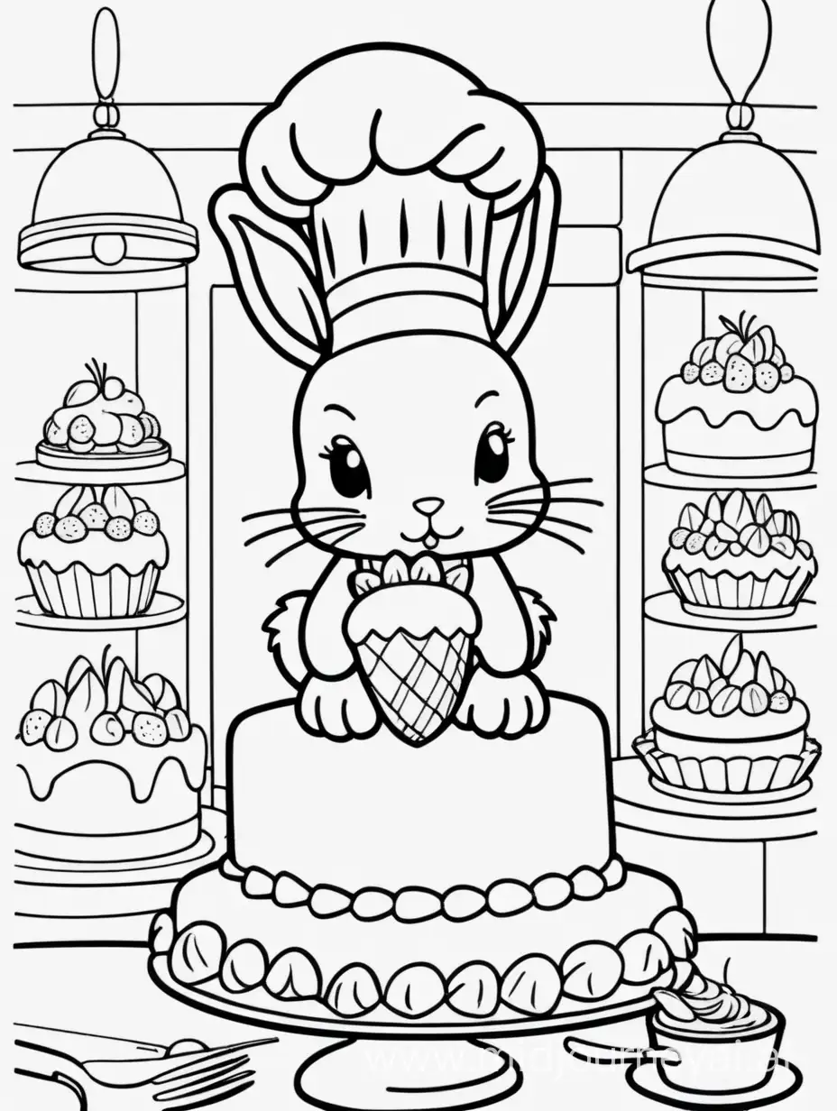 only black and white coloring image of a kawaii bunny with a chef hat inside a bakery that is using a sac a poche to decorate a big cake with cream and strawberries with white background 