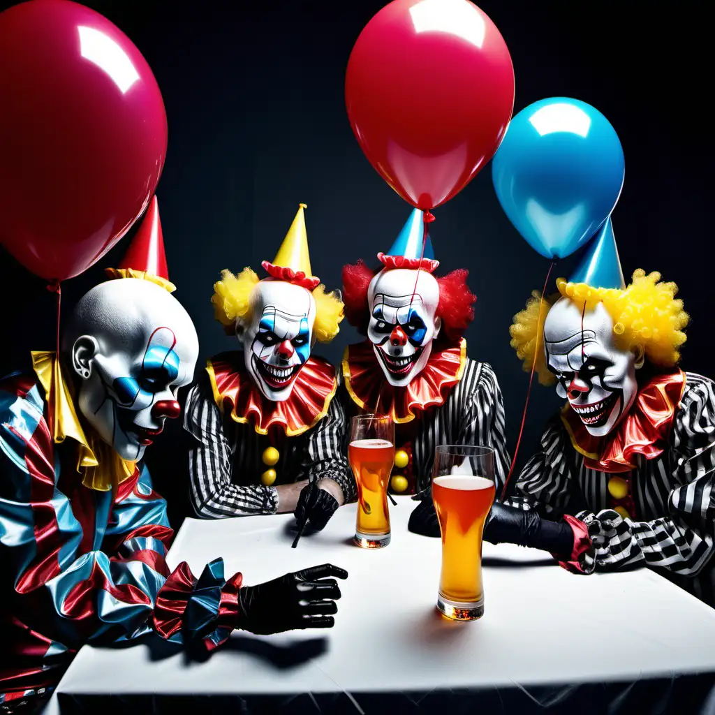 4 Clowns, skulls, drinking alcohol ballons, sitting with at table

