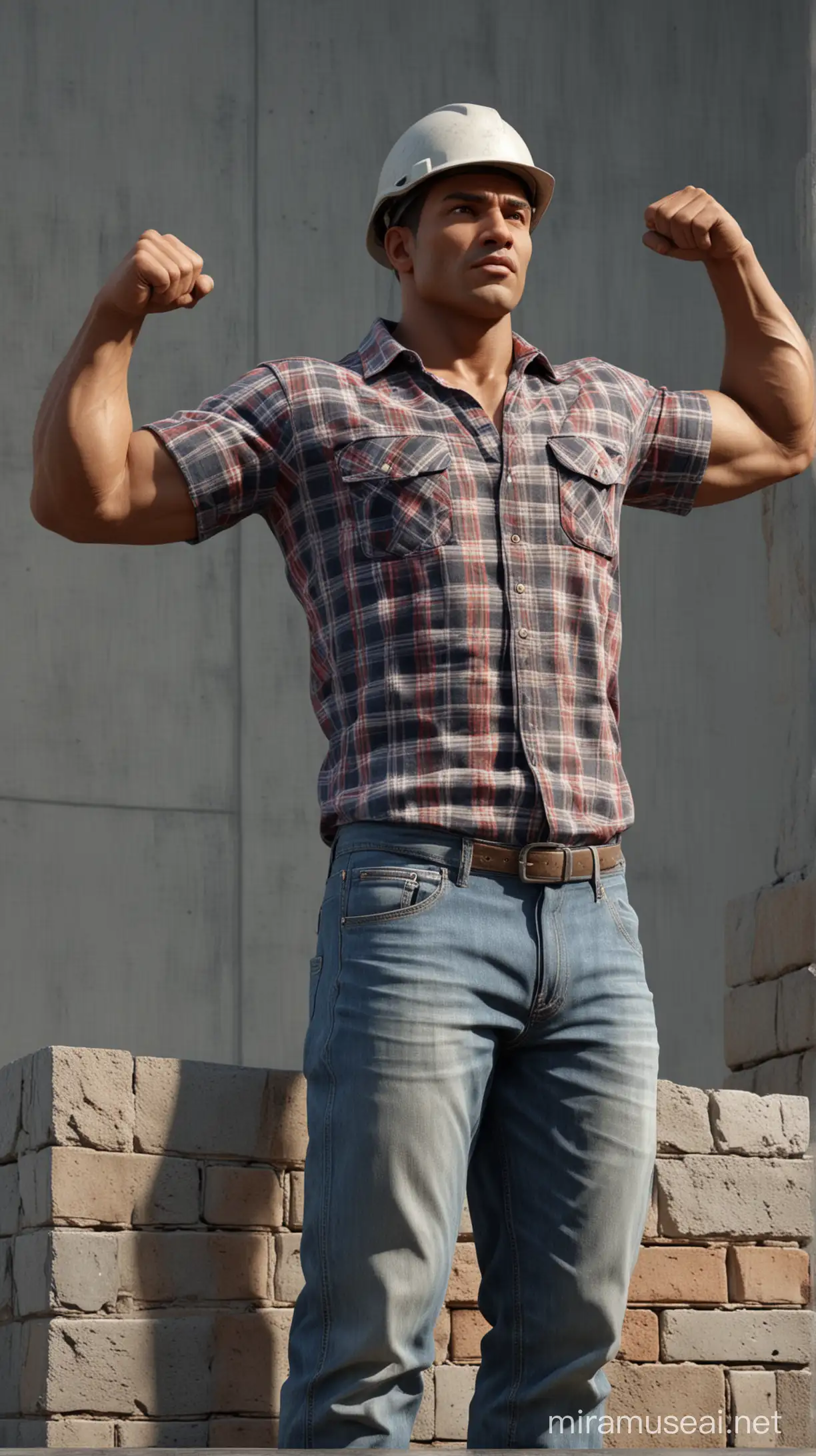 statue of a strong and muscular bricklayer man with mixed race features, raises one arm with force, cement texture, defiant expression, dressed in a plaid shirt and jean pants, wears a worker's helmet on his head with a cement texture, standing on a cement podium , hyperrealistic, 8k, cinematic, high angle, 32k volumetric light