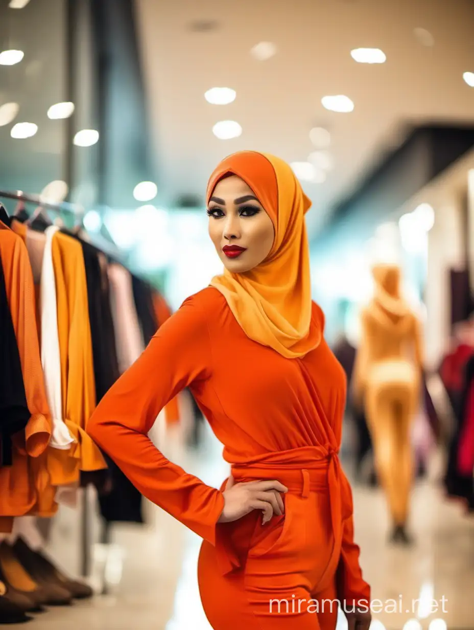 Malay Hijab woman,mother face, tick and wide sexy red lips. Wearing orange hijab, orange yellow tight jumpsuit with wedges heel.

 backpose butt hanging up on the fashion store underwear. bokeh lighting