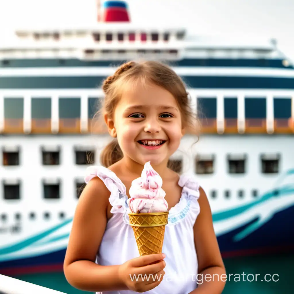 Маленькая девочка стоит с мороженным в руках на круизном лайнере и улыбается