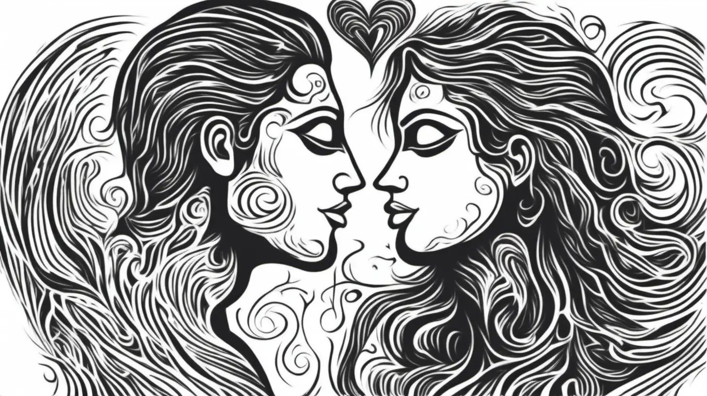 white background. black drawing of soul mates in love. spiritual energy around