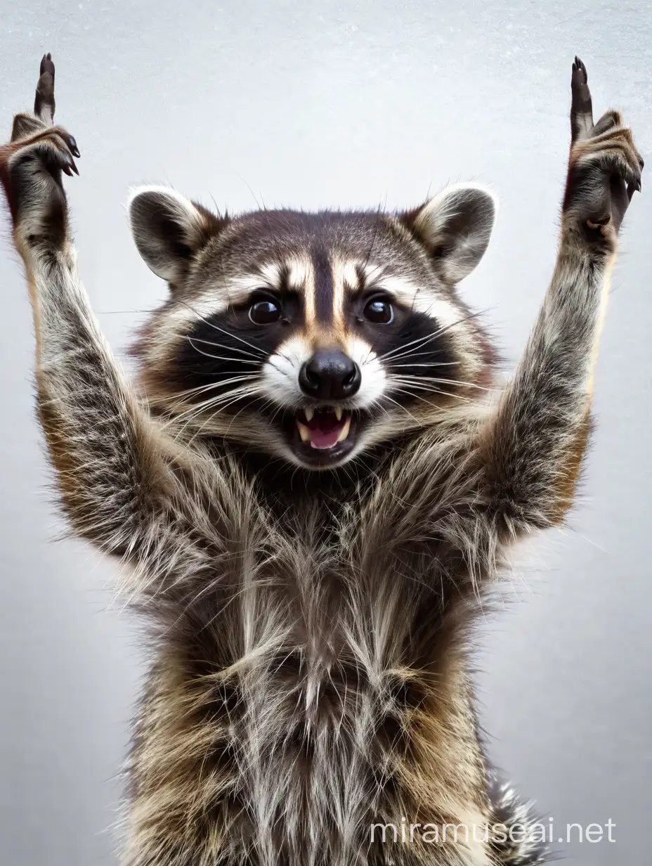 full view of 3 racoons making similar to image making different rock n' roll hand signs