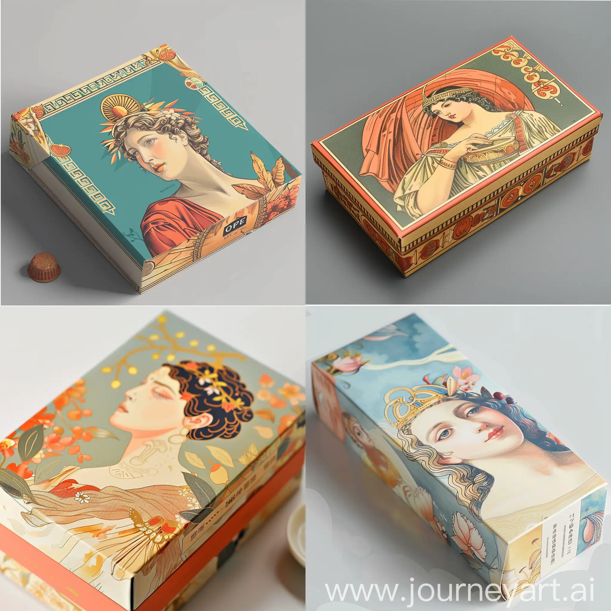 tea box normal carton material and printed in greek goddess art in painting and vector way beautiful packaging