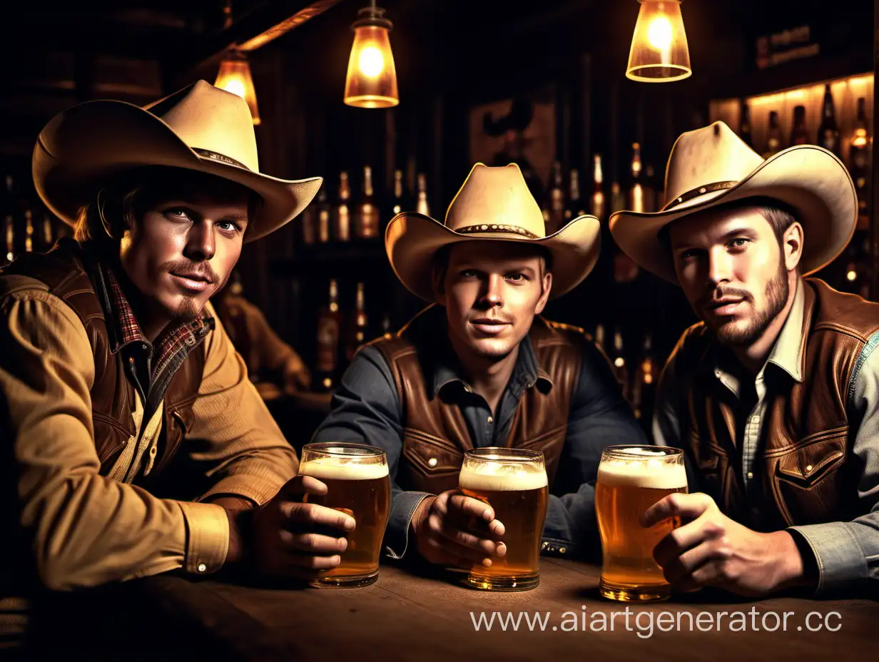 Three cowboys in a bar, drinking beer and chatting while looking at the camera, they have a contour light on them. The photo is very realistic, with real people
