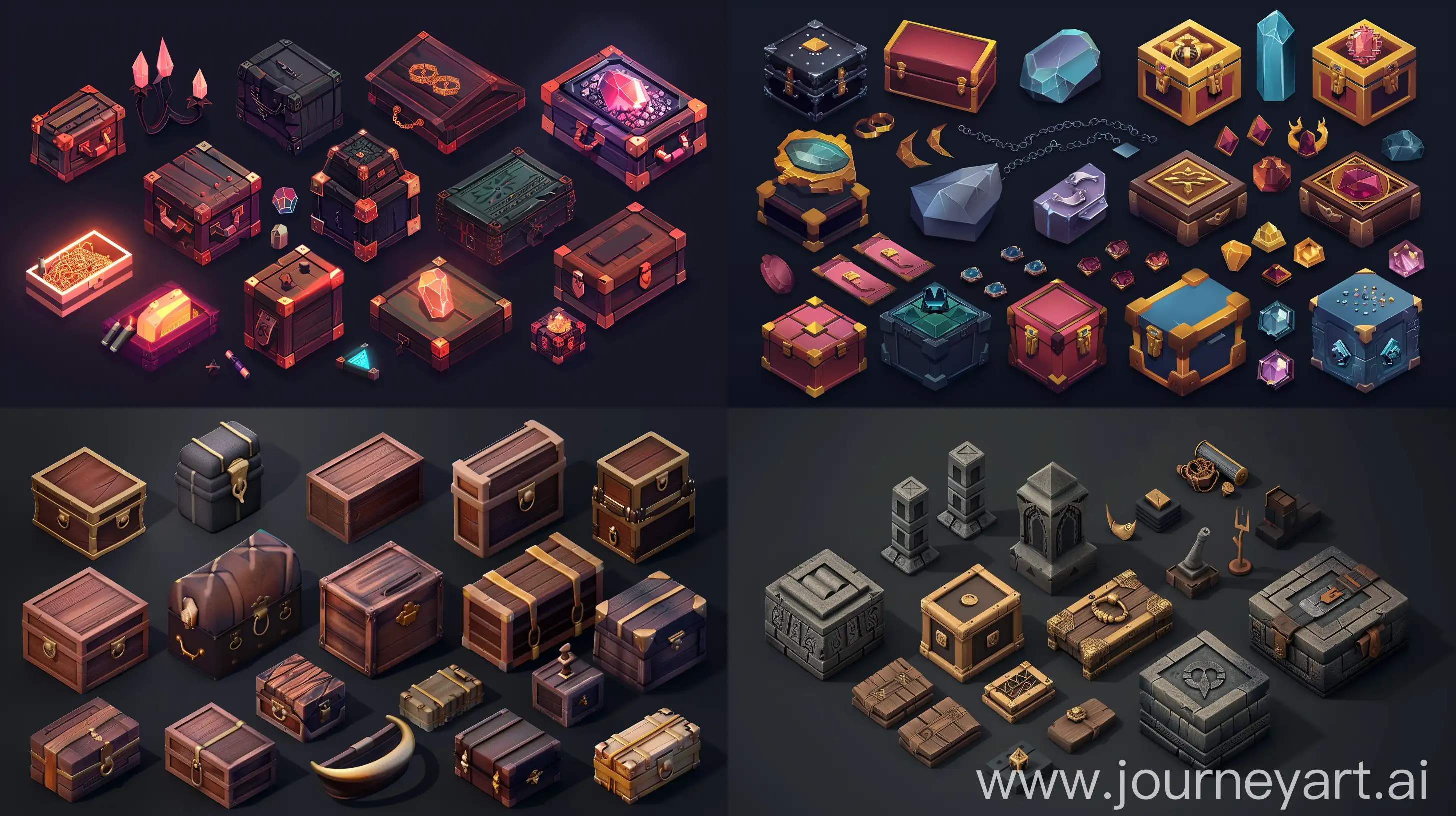isometric set of realistic simple jewelry boxes tiles set in style of made in blender 3d game assets, isometric set :: black background --ar 16:9