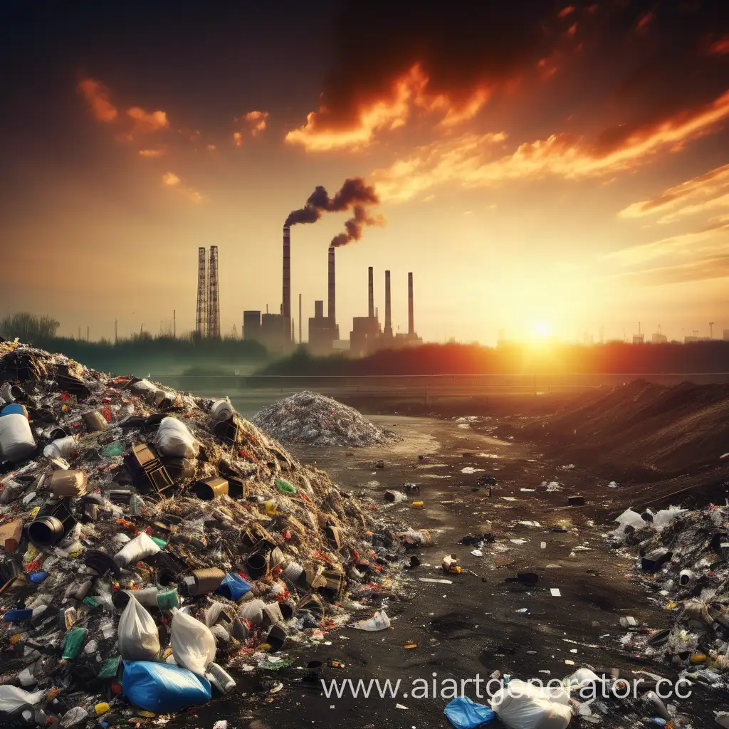 загрязненная окружающая среда с мусором и красивым закатом