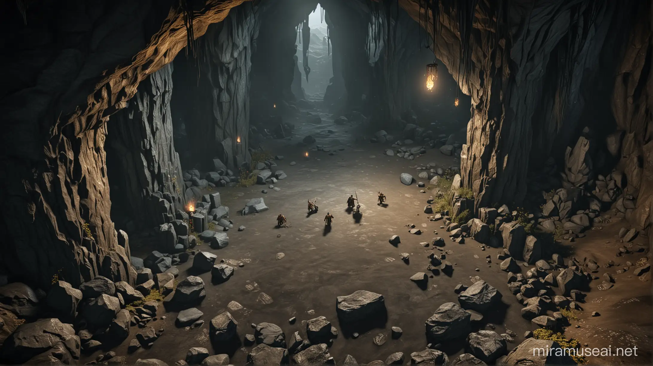 a top down video game based on lord of the rings, in a big empty cave with pillars
