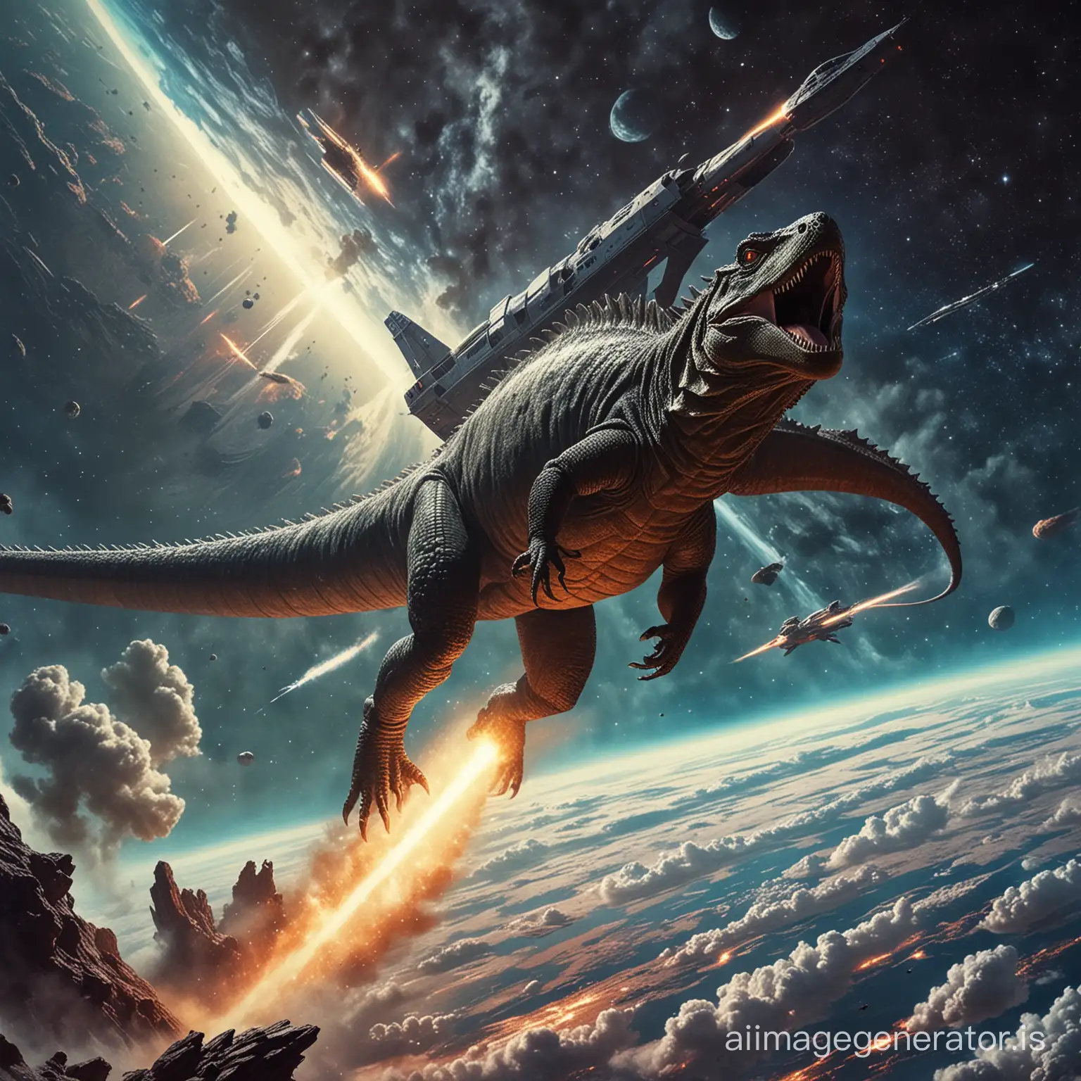 Soviet-Retrofuturistic-Space-Battle-Giant-Lizard-Attacks-Starship