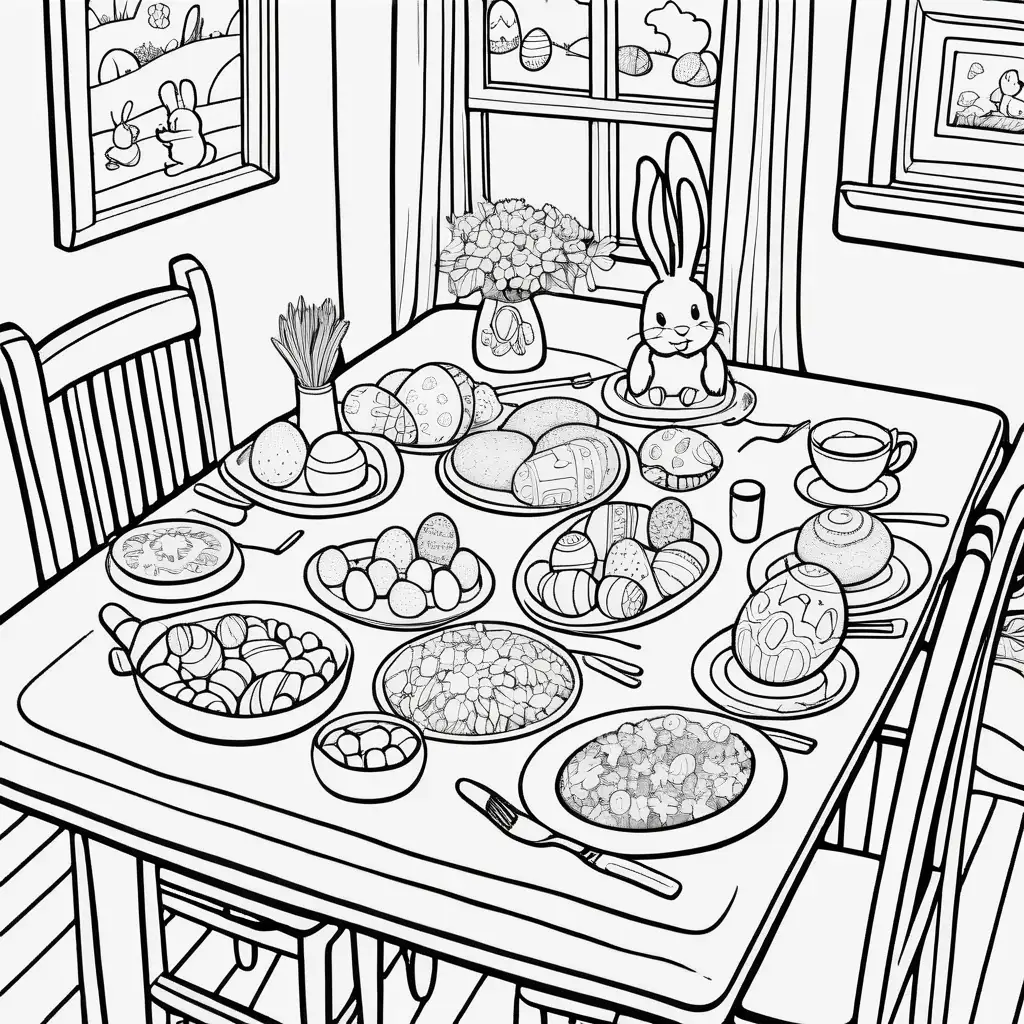 colouring book cartoon image easter food on the table in cute dining room