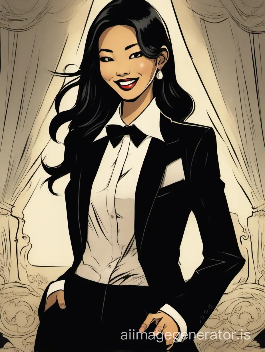 The scene is a dimly lit room in a wealthy mansion. A beautiful smiling and laughing Vietnamese woman with tan skin, long black hair, and lipstick, mid-twenties of age, is standing in the corner of a room. She is wearing a tuxedo with a black jacket.  The jacket has a corsage. Her shirt is white with double french cuffs and a wing collar.  Her bowtie is black.   Her cufflinks are large and black.