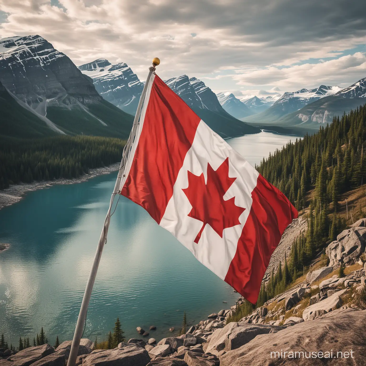 Background image of the Canadian flag waving against a scenic landscape