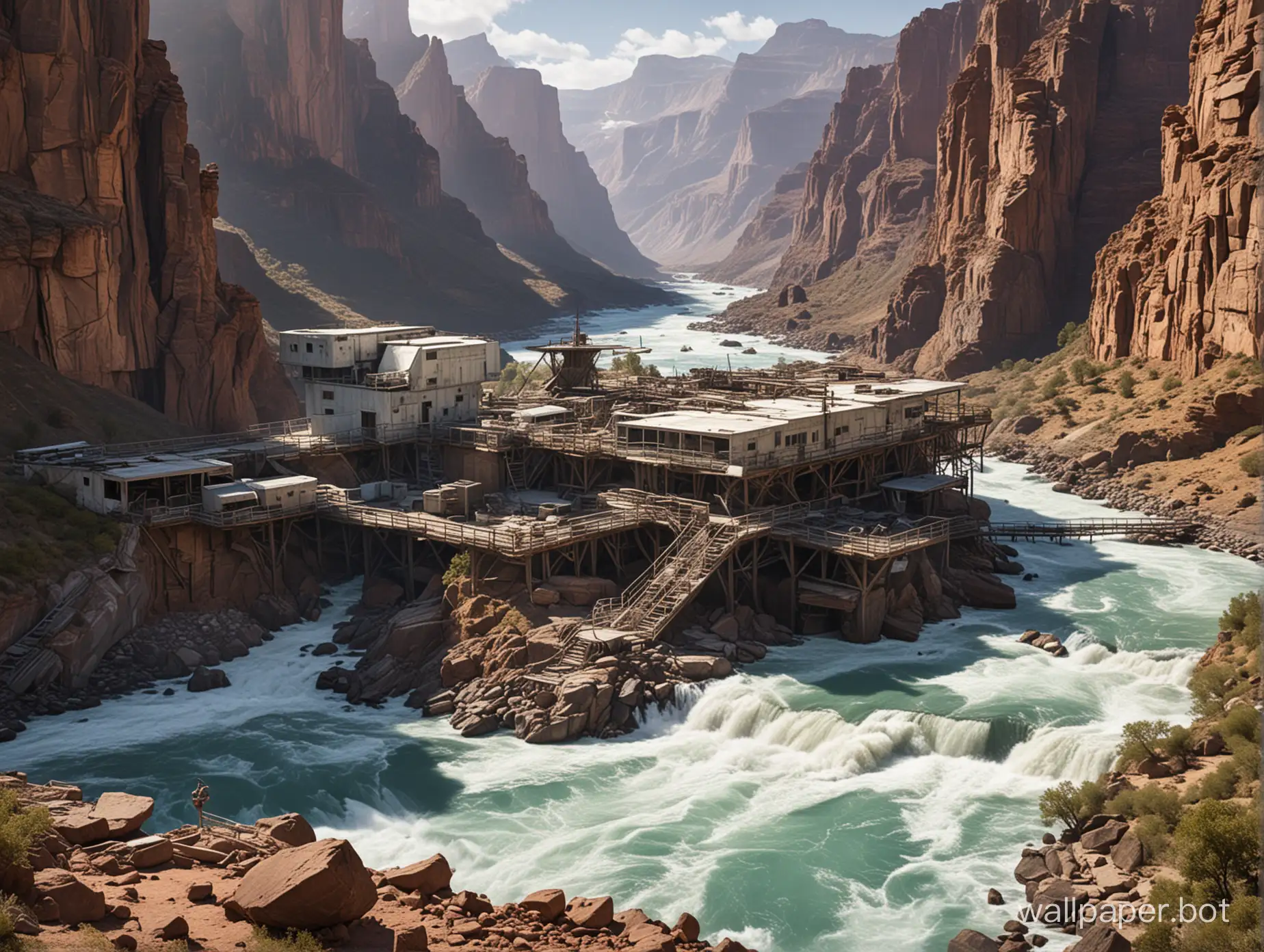 A dilapidated research station overlooking a canyon with rushing rapids