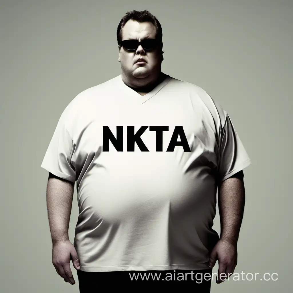 Жирный человек с надписью на футболке "Никита"