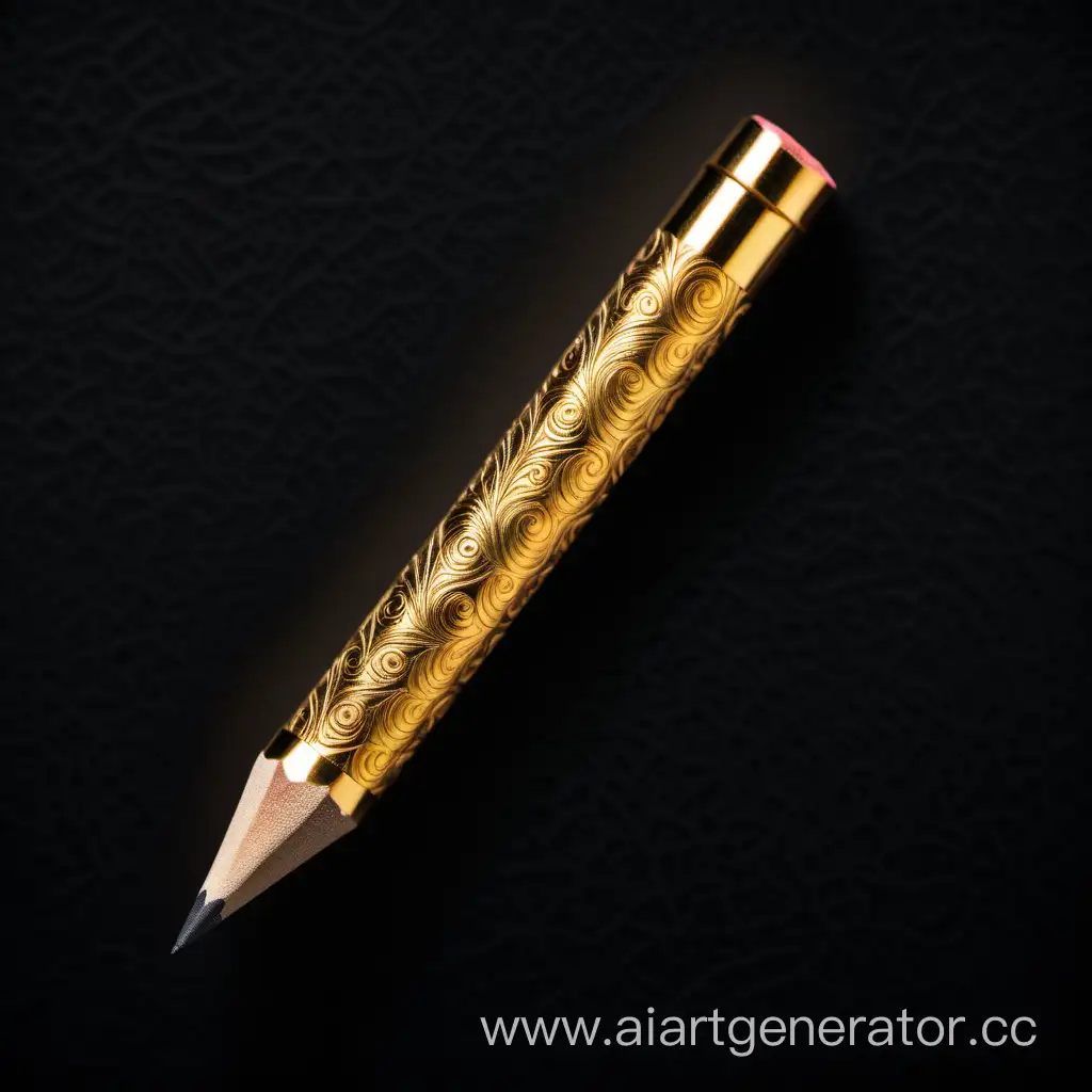 gold pencil in its entirety, with a pattern, engraving lies on a black background, top view, detail, high quality

