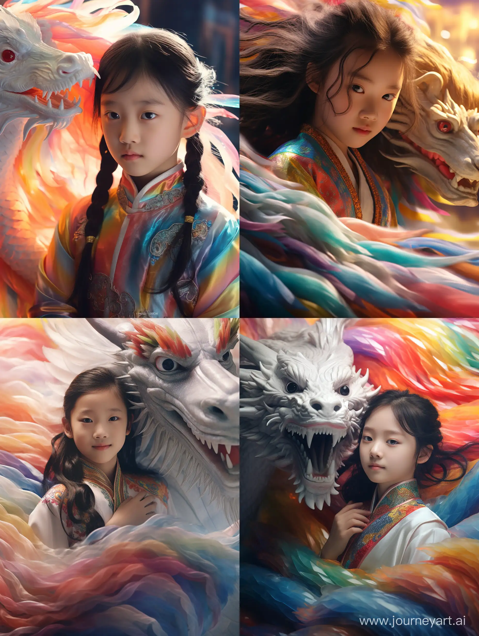 close up,Rainbow dragon surrounded by a cute littleChinese girl,5 years old,wearing gorgeous HanfuRainbow dragon,grand scene, minimalism, Chinesedragon, C4D rendering, Surrealism, master worksmovie lighting, Ultra HD, fine detail, color rating