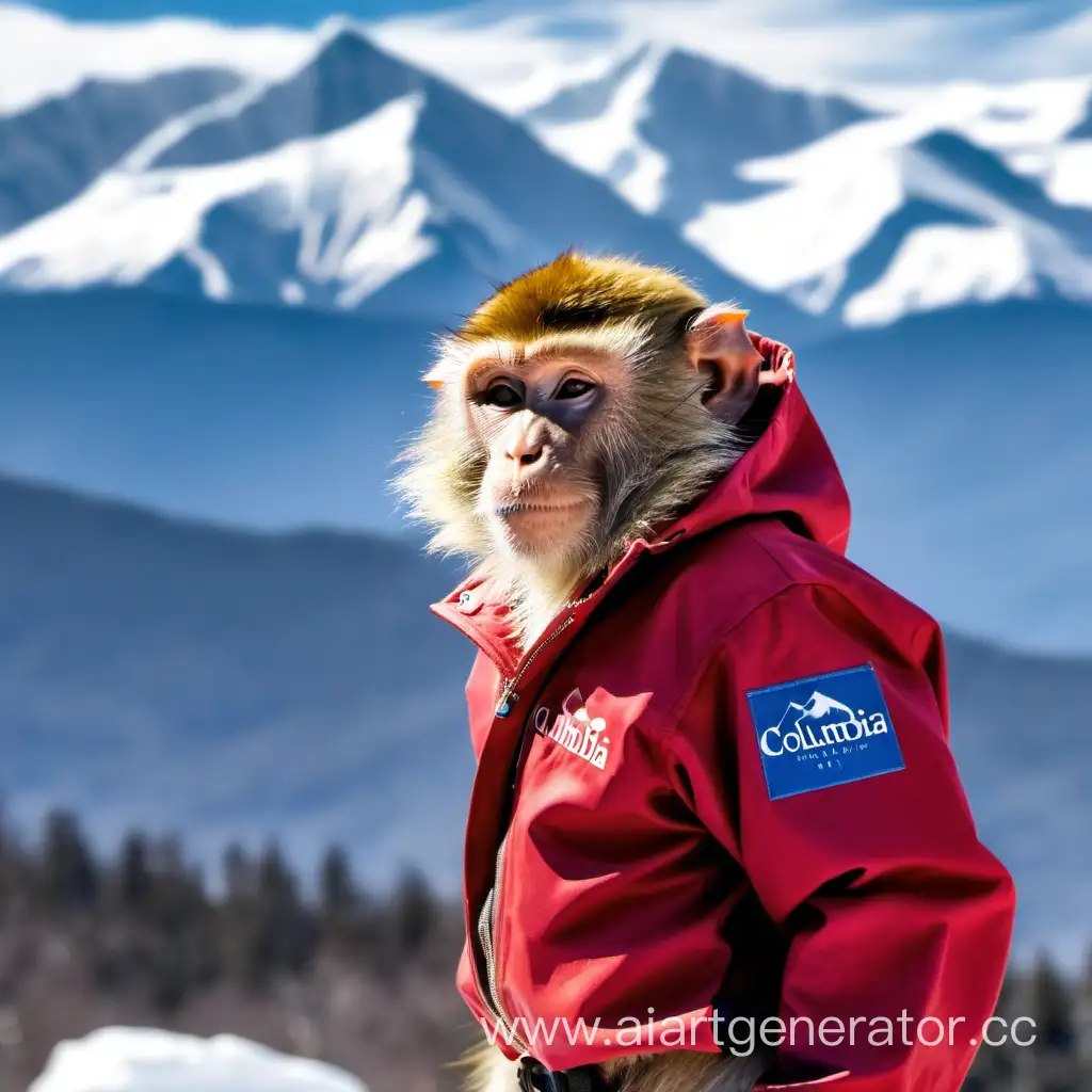 Adventurous-Monkey-in-a-Stylish-Red-Columbia-Jacket-amidst-Snowy-Mountains