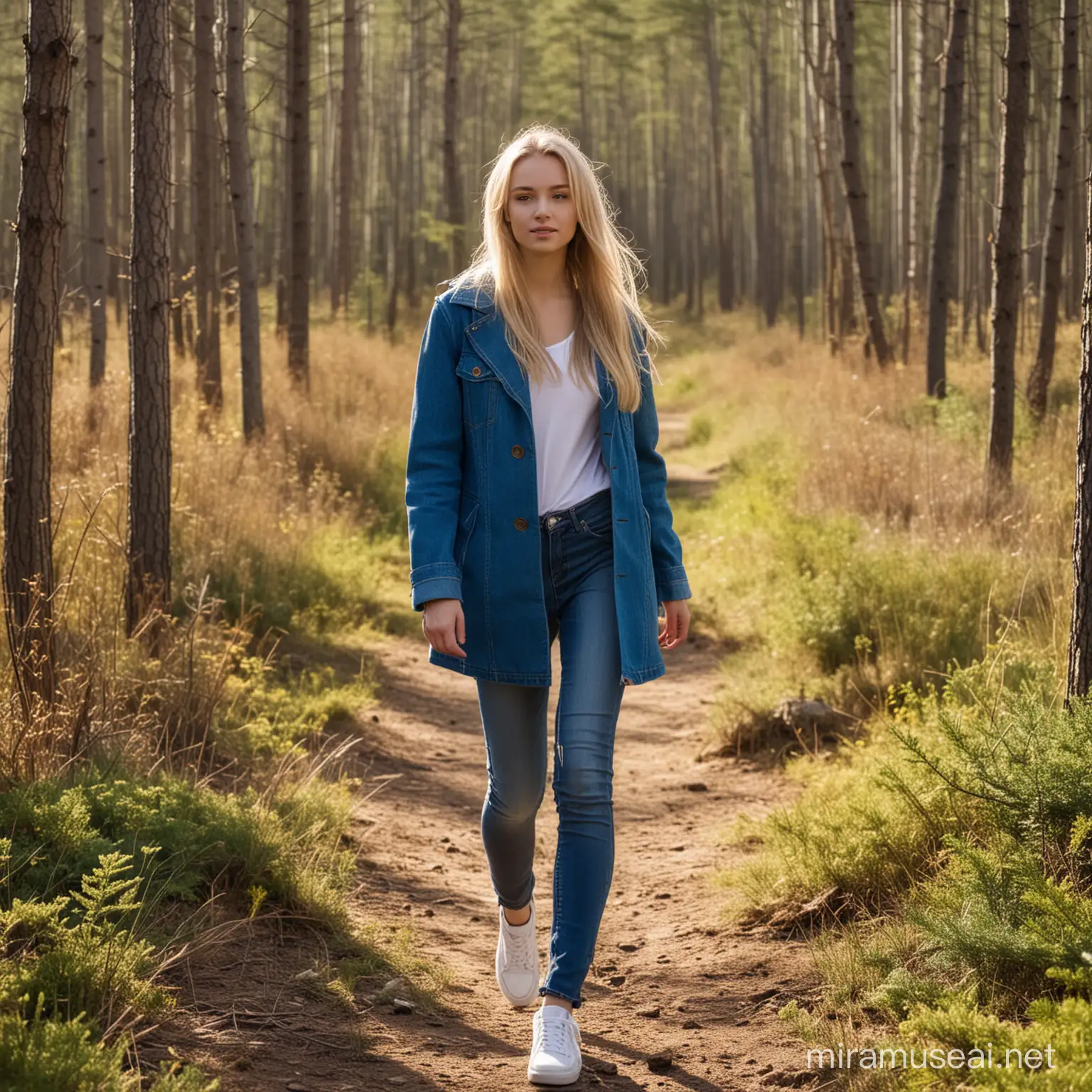 a gorgeous slender 18 year old european girl, long blonde hair, blue jeans, short coat walking through  a boreal forest, sunny weather