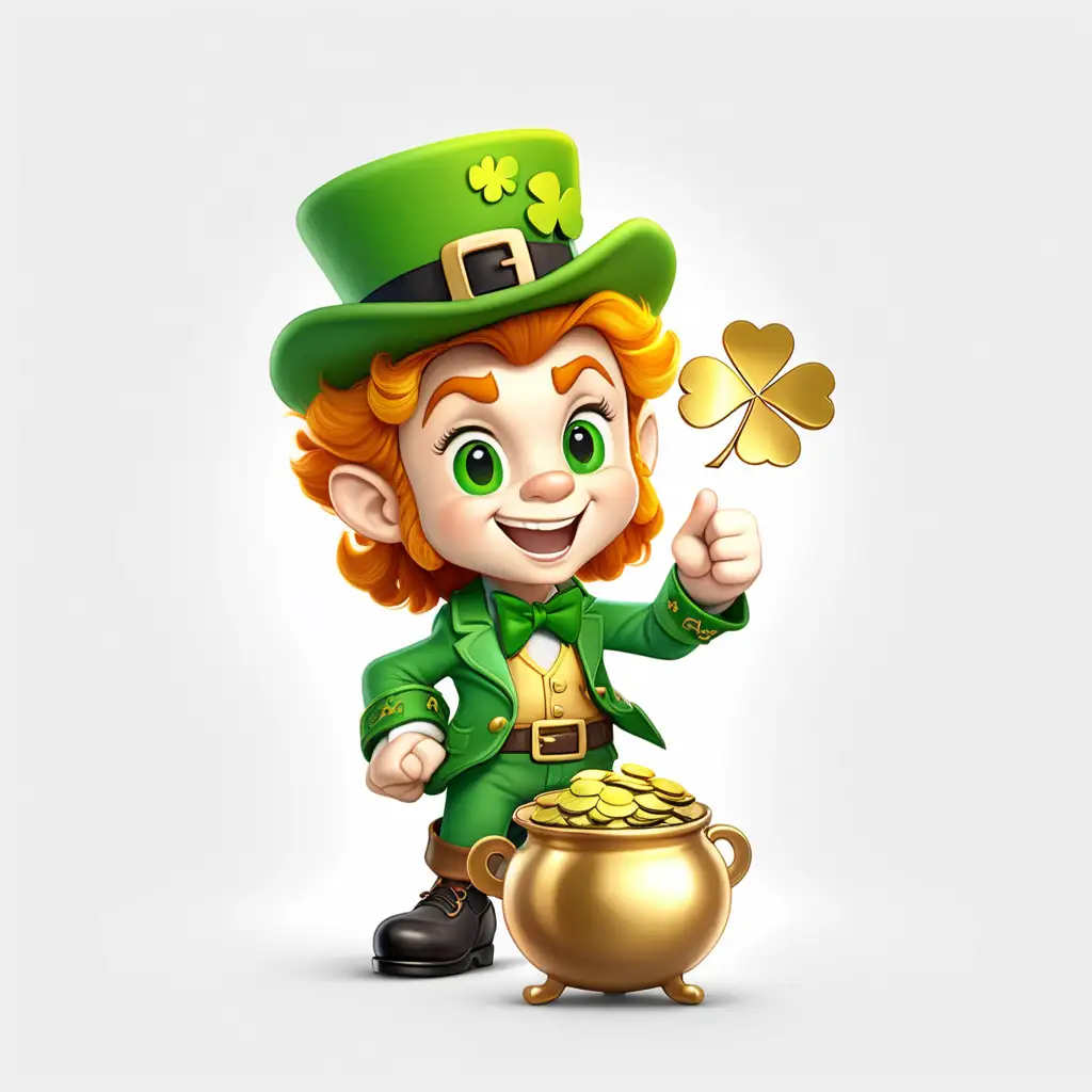 generate a Disney Pixar anime character style with {the three-leaved shamrock, cute leprechaun, little golden coin, small pot of gold with a rainbow }, on white background