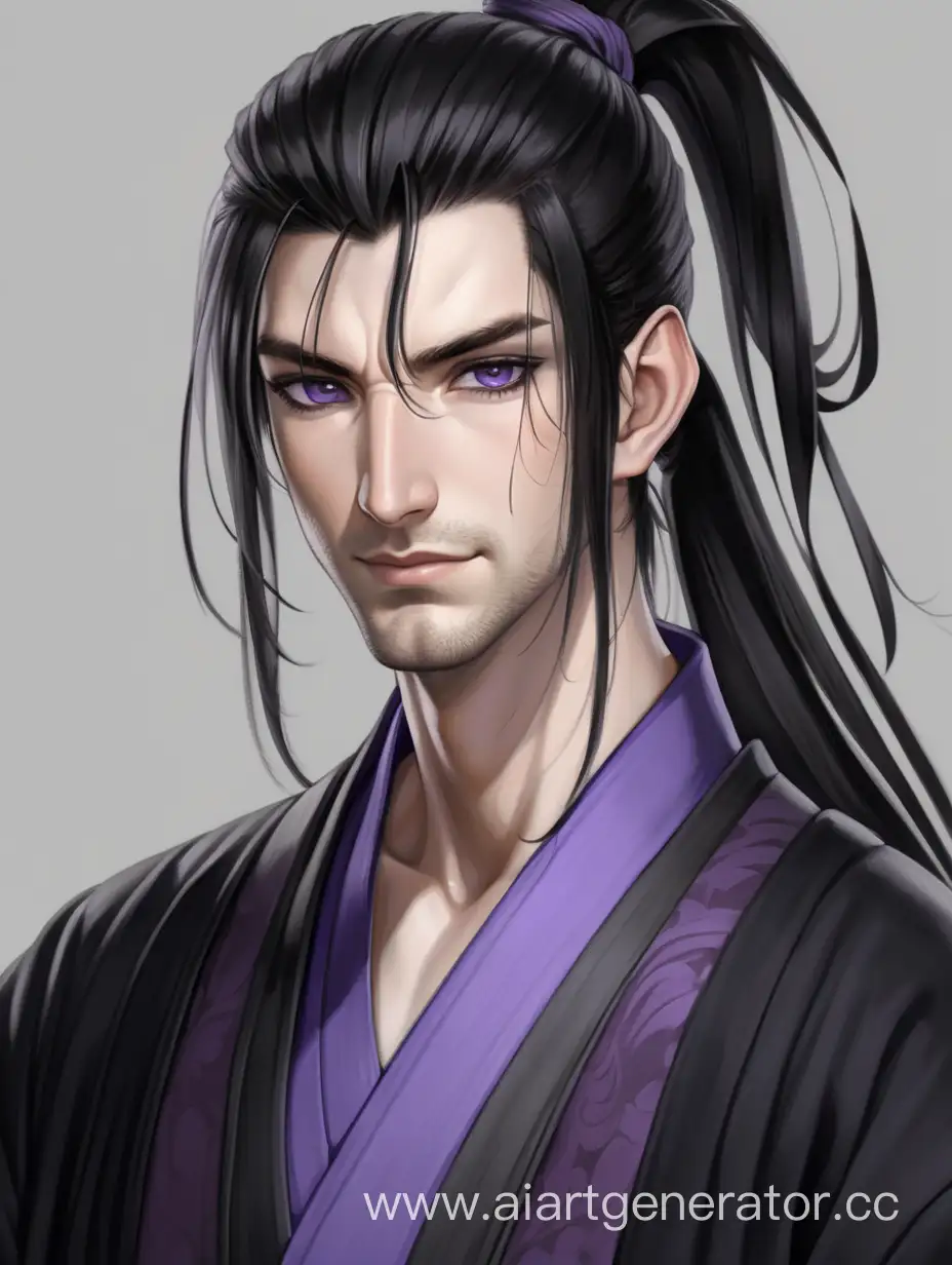 male, slightly disheveled black hair tied in a ponytail, light gray eyes, smirk, pale skin, black tunic, dark loose pants, purple haori