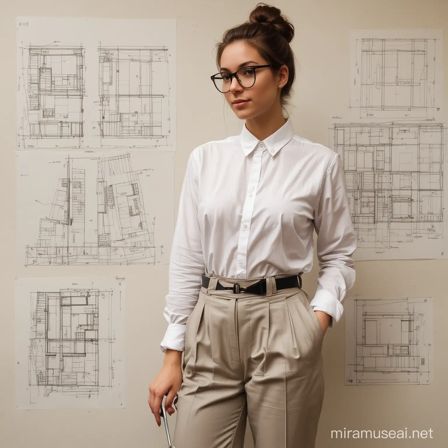 "Describe a una estudiante de arquitectura, con una apariencia cuidada y profesional. Esta chica tiene una complexión media y una estatura promedio. Imagina que lleva puesto un conjunto elegante pero cómodo, quizás unos pantalones ajustados y una blusa bien cortada. Su cabello está peinado de manera pulcra, quizás recogido en un moño o en una cola de caballo ordenada. Sus rasgos faciales son armoniosos y expresan determinación y confianza. Está rodeada de herramientas de dibujo y un portafolio de diseño, indicando su compromiso con su carrera y su pasión por la arquitectura."
