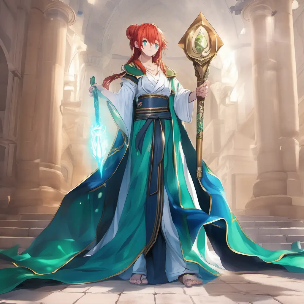 Airi est une femme de petite au cheveux roux, au yeux bleu, Habillé d'une toge blanche et verte tenant un long sceptre  arcanique,  Magie de Soin, chaleureus