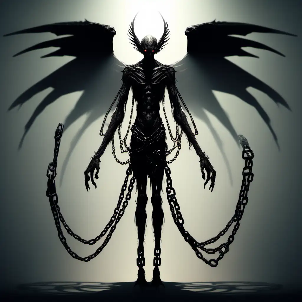 long and thin shadow creature with wings, humanoid, chains on arms