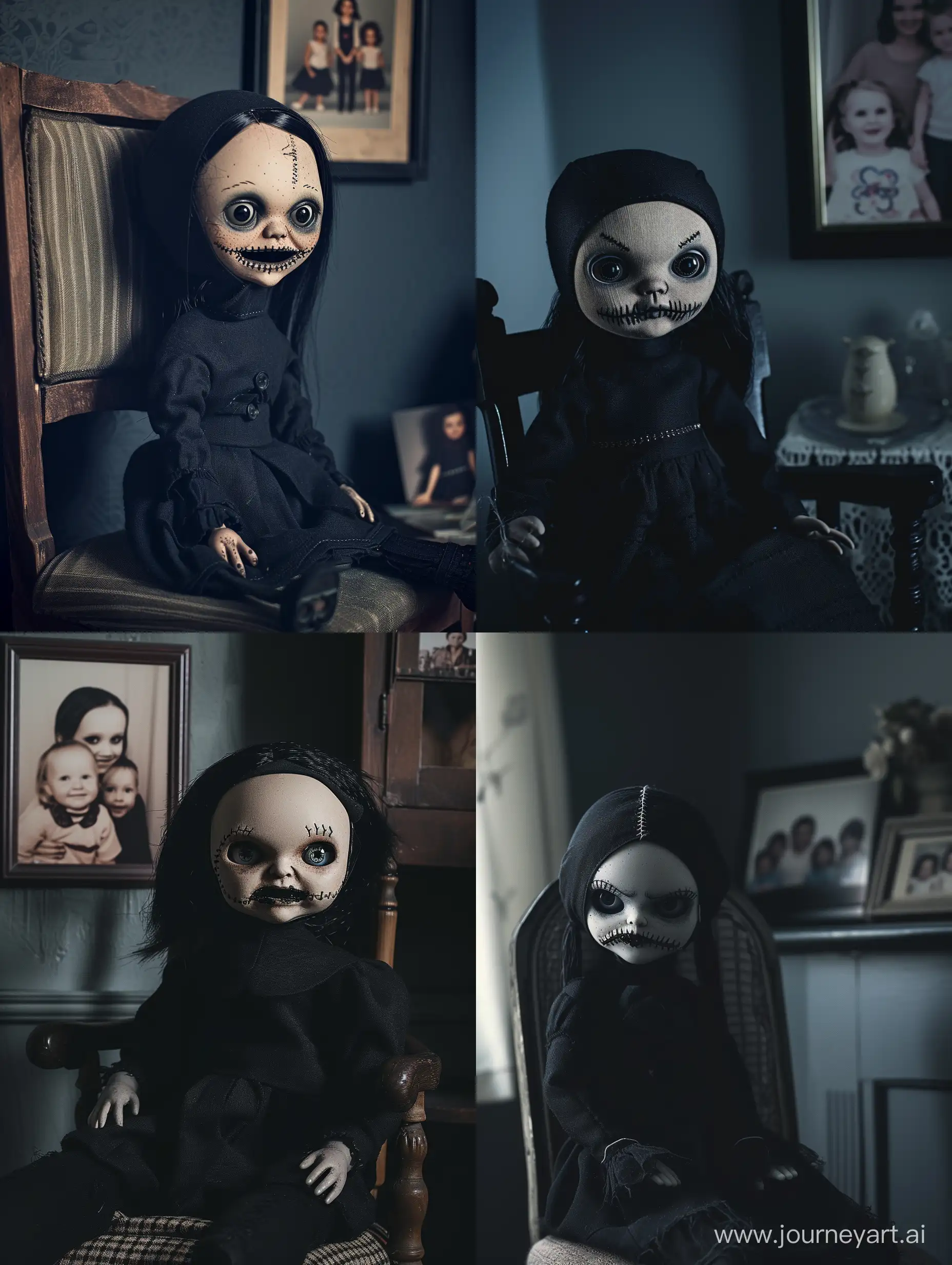 Creepy girl doll with black attire and stitched mouth sitting on a chair in the dark room. There is a happy family photo at the wall. The doll is staring at the camera with creepy look. Dark room. Thriller. Cinematic shot. Realistic. 8K, HD, HQ