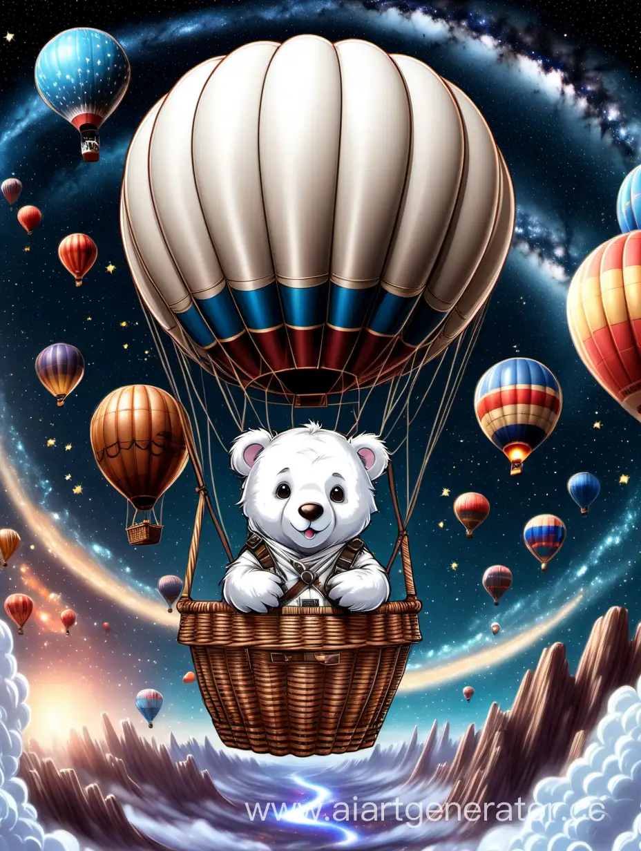Милый Белый мишка в костюме пилота летит в корзине на большом hot air ballon  в галактике, в космосе на фоне млечного пути и других hot air ballon. На воздушном шаре написана фраза NASHARU23.RU