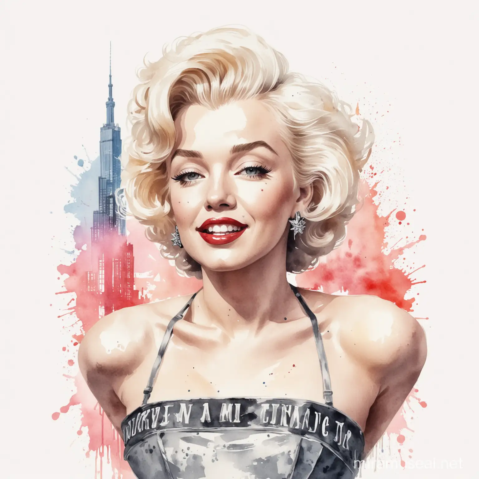 grafika malowana akwarelą,pomnik Marilyn Monroe w Chicago. styl retro. białe tło